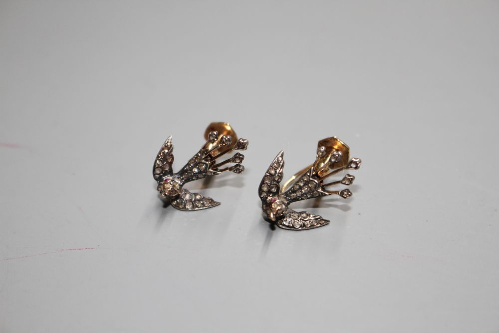 A pair of Victorian yellow metal and rose cut diamond set swallow ear clips (adapted), 19mm.